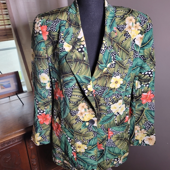 VINTAGE 80'S LIZ CLAIBORNE FLORAL TROPICAL ANIMAL PRINT BLAZER - Picture 2 of 11